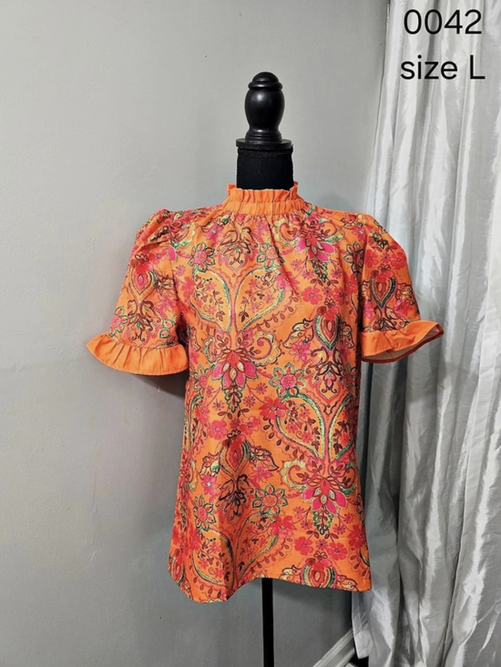 Paisley Ruffle Sleeve Blouse in Orange & Pink Size Large